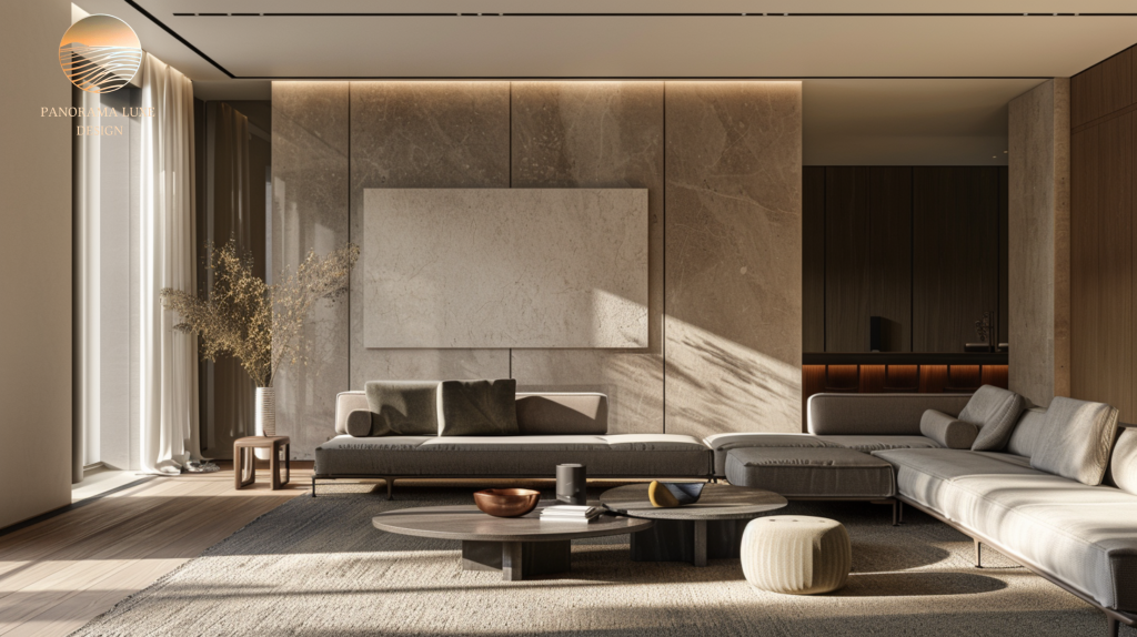 Luxury lounge with large artwork wall, neutral furniture, and natural light