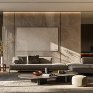 Luxury lounge with large artwork wall, neutral furniture, and natural light