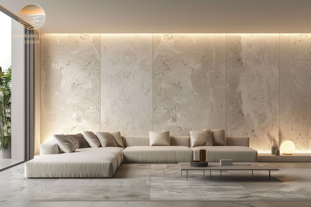 Contemporary living room with modular sectional, large stone wall panels, and minimal coffee table