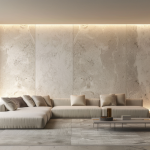 Contemporary living room with modular sectional, large stone wall panels, and minimal coffee table