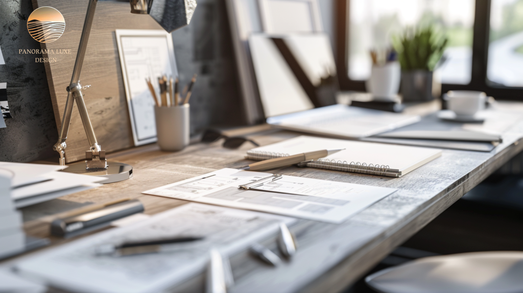 Design studio desk with architectural plans, notebooks, and tools in soft daylight