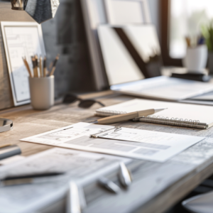 Design studio desk with architectural plans, notebooks, and tools in soft daylight