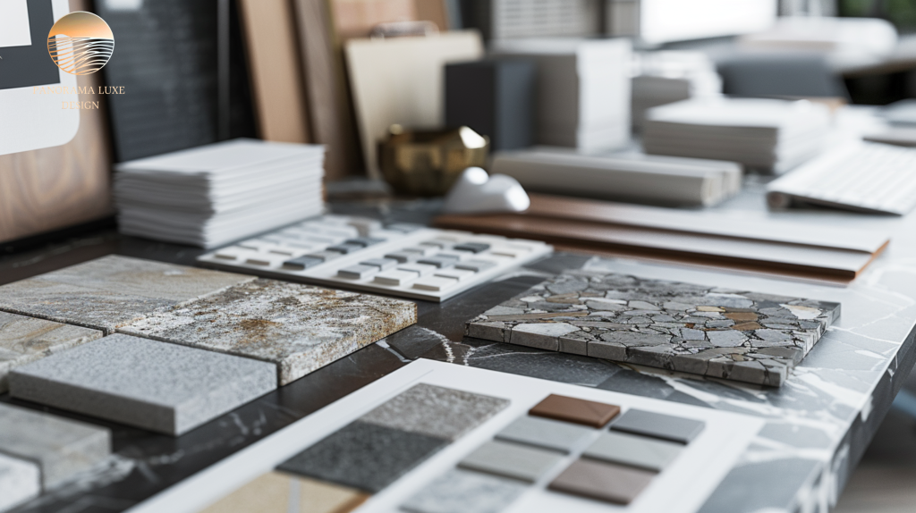 Stone and tile samples with neutral palette cards arranged for a luxury interior finish selection