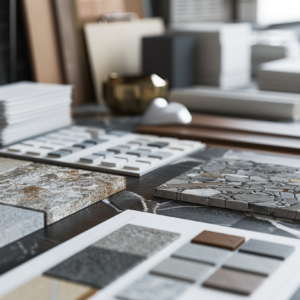 Stone and tile samples with neutral palette cards arranged for a luxury interior finish selection