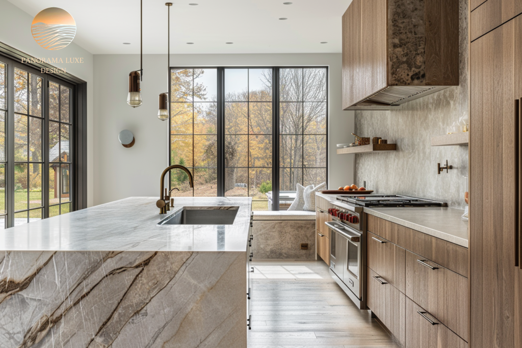 Daylight luxury kitchen with stone waterfall island, warm wood cabinetry, and black-framed windows