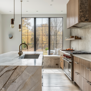 Daylight luxury kitchen with stone waterfall island, warm wood cabinetry, and black-framed windows