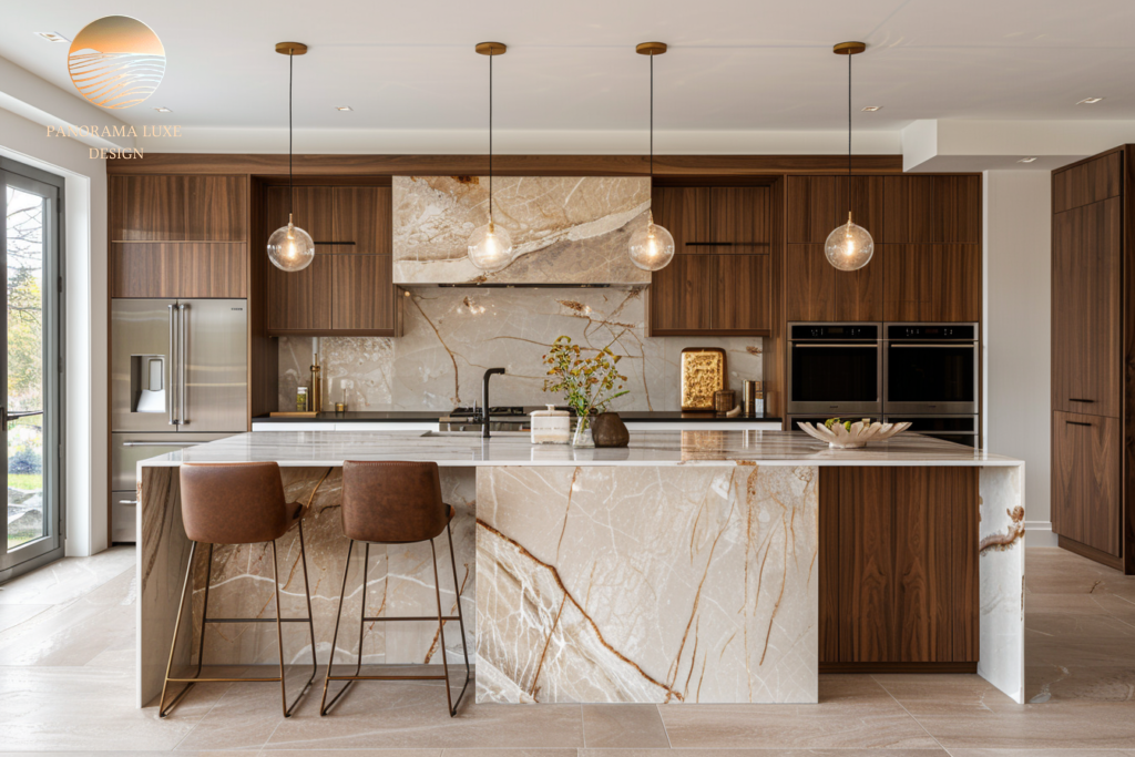 Luxury kitchen with waterfall stone island, walnut cabinetry, and pendant lighting