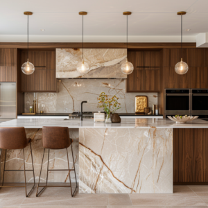 Luxury kitchen with waterfall stone island, walnut cabinetry, and pendant lighting