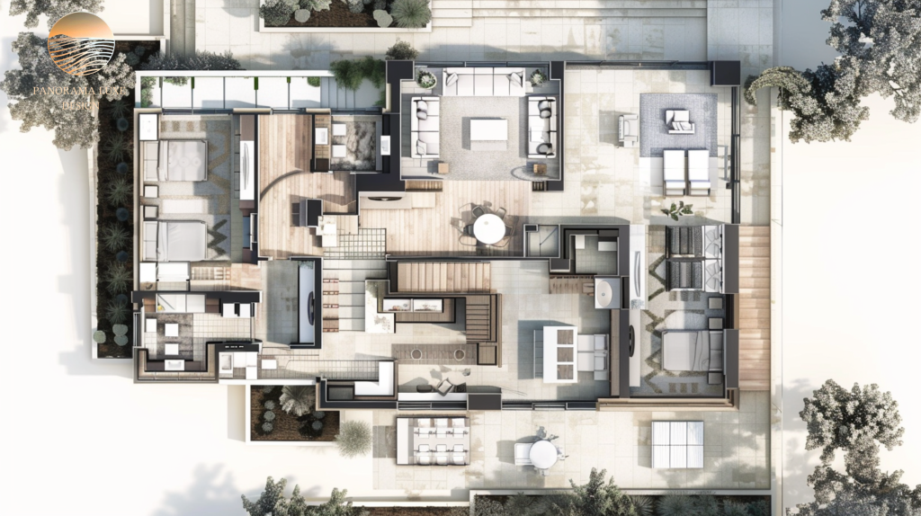 Top-down modern villa plan with clean geometry, courtyards, and surrounding landscape