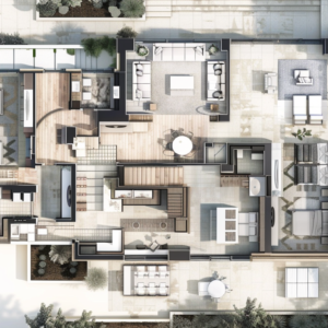 Top-down modern villa plan with clean geometry, courtyards, and surrounding landscape