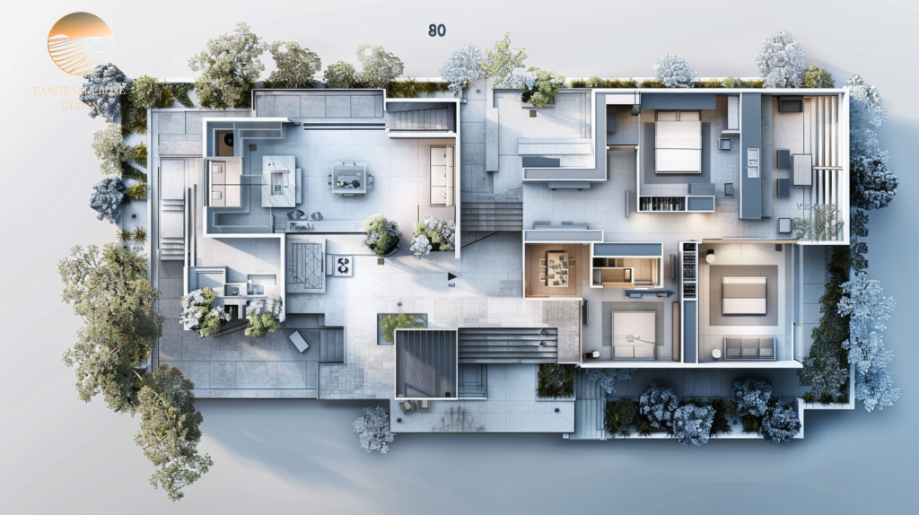 Top-down luxury home floor plan showing living zones, bedrooms, and outdoor terraces