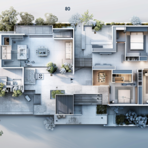 Top-down luxury home floor plan showing living zones, bedrooms, and outdoor terraces