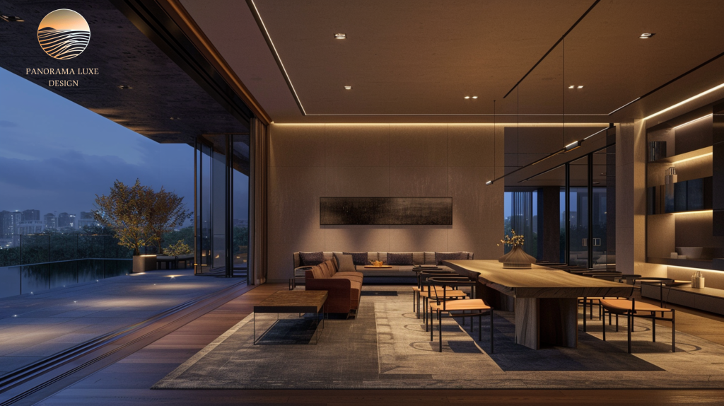 Night-time open-plan living and dining with warm layered lighting and full-height glass to terrace