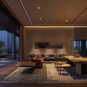 Night-time open-plan living and dining with warm layered lighting and full-height glass to terrace