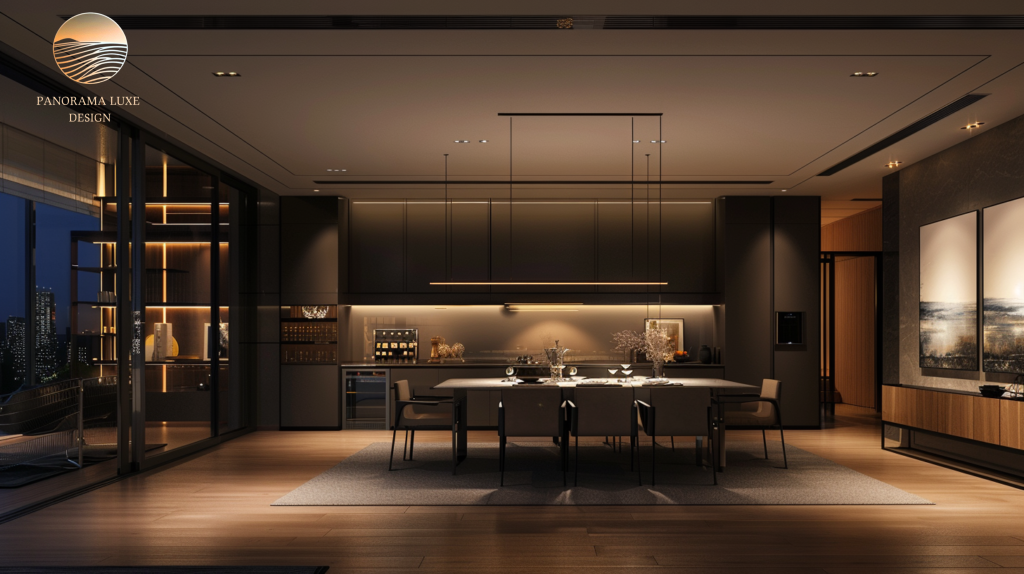 Matte black luxury kitchen and dining at night with concealed linear lighting and warm glow