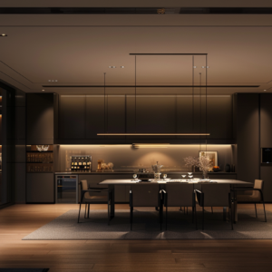 Matte black luxury kitchen and dining at night with concealed linear lighting and warm glow