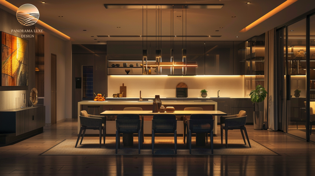 Luxury dining kitchen at night with warm ambient lighting and pendant fixtures over a long table