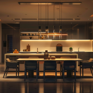Luxury dining kitchen at night with warm ambient lighting and pendant fixtures over a long table