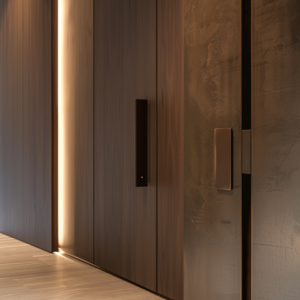 Close-up of flush wood panels with vertical integrated light strip and minimal hardware