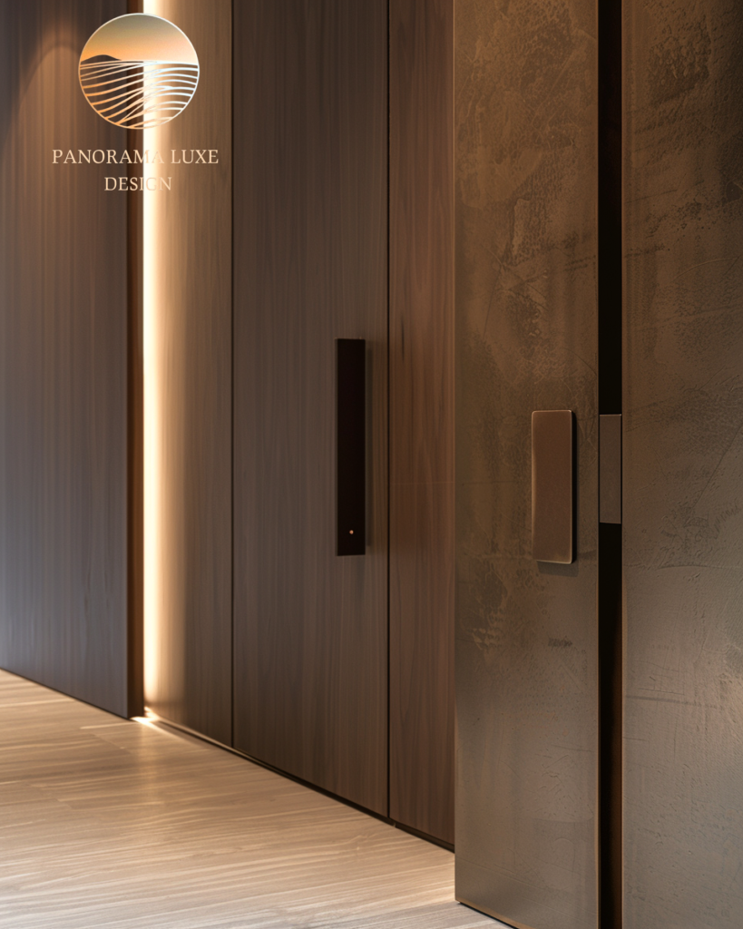 Close-up of flush wood panels with vertical integrated light strip and minimal hardware