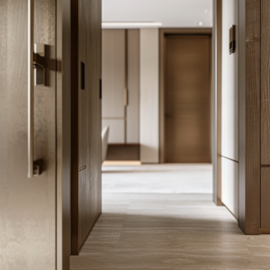 Luxury Circulation Space with Concealed Doors and Soft Daylight