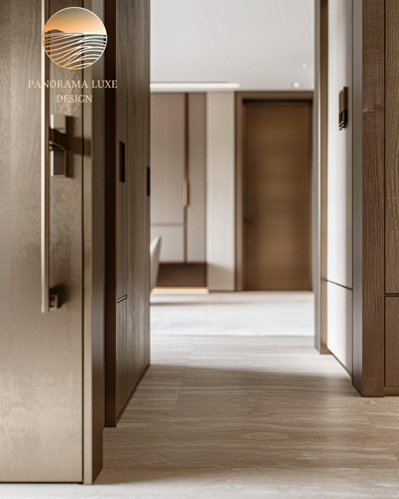 Luxury Circulation Space with Concealed Doors and Soft Daylight