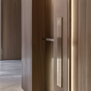 Close-up of brushed metal pull handle on wood door beside a narrow light reveal