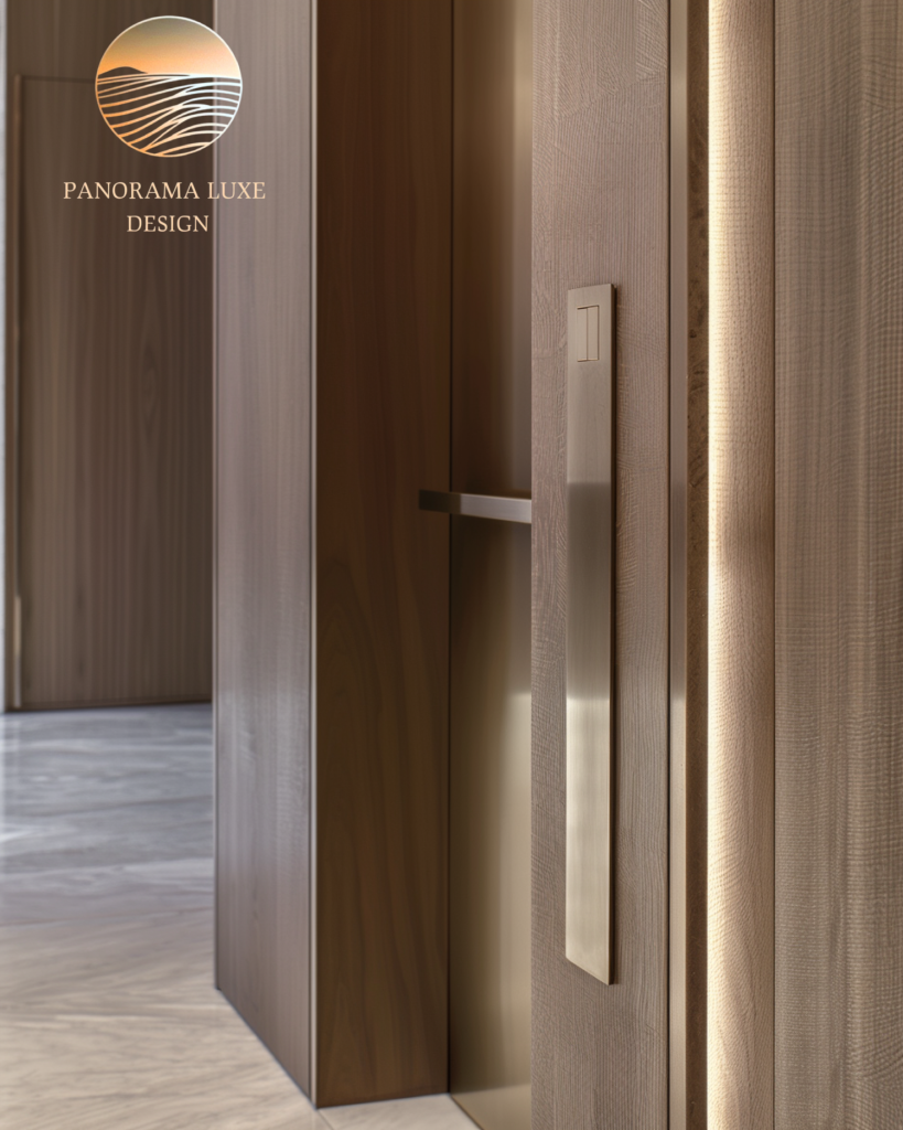 Close-up of brushed metal pull handle on wood door beside a narrow light reveal