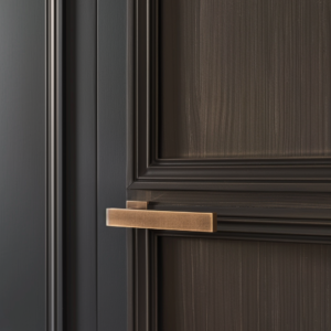 Close-up of bronze lever handle on dark paneled wood door with crisp trim details