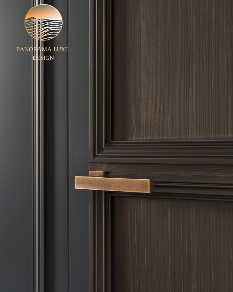 Close-up of bronze lever handle on dark paneled wood door with crisp trim details