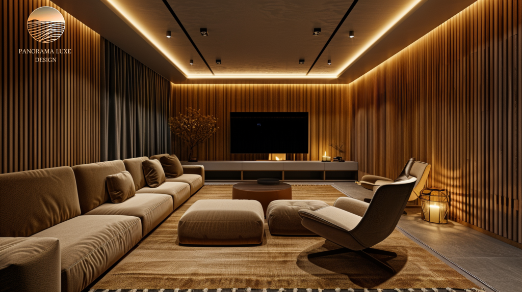 Warm-toned luxury media room with slatted wood walls, soft cove lighting, and plush seating