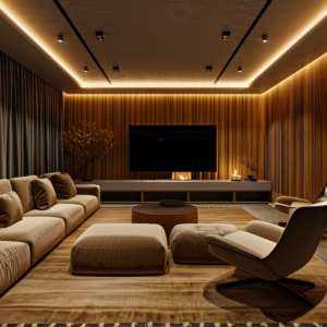 Warm-toned luxury media room with slatted wood walls, soft cove lighting, and plush seating