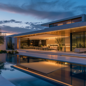 Modern luxury villa exterior at dusk with floor-to-ceiling glass and reflecting pool