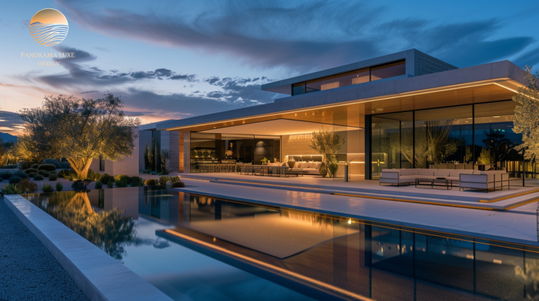 Modern luxury villa exterior at dusk with floor-to-ceiling glass and reflecting pool