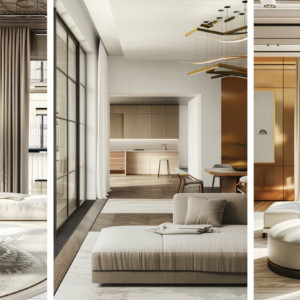 Three-panel collage comparing modern luxury interiors in the USA, Europe, and the Gulf region